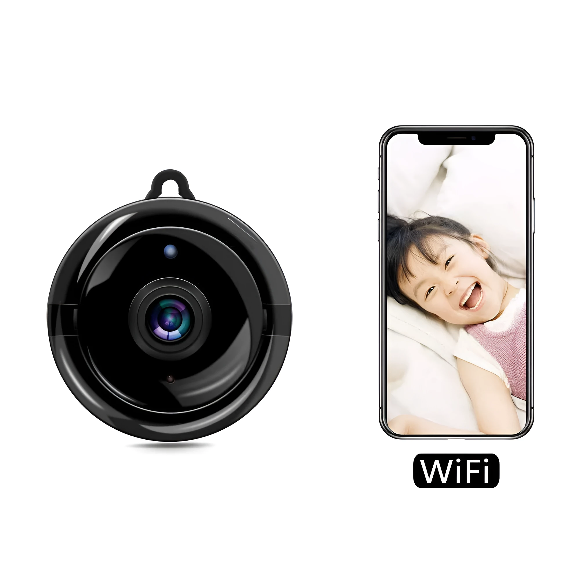 V380 white wireless indoor security camera with 1080P lens and night vision mounted on a wall