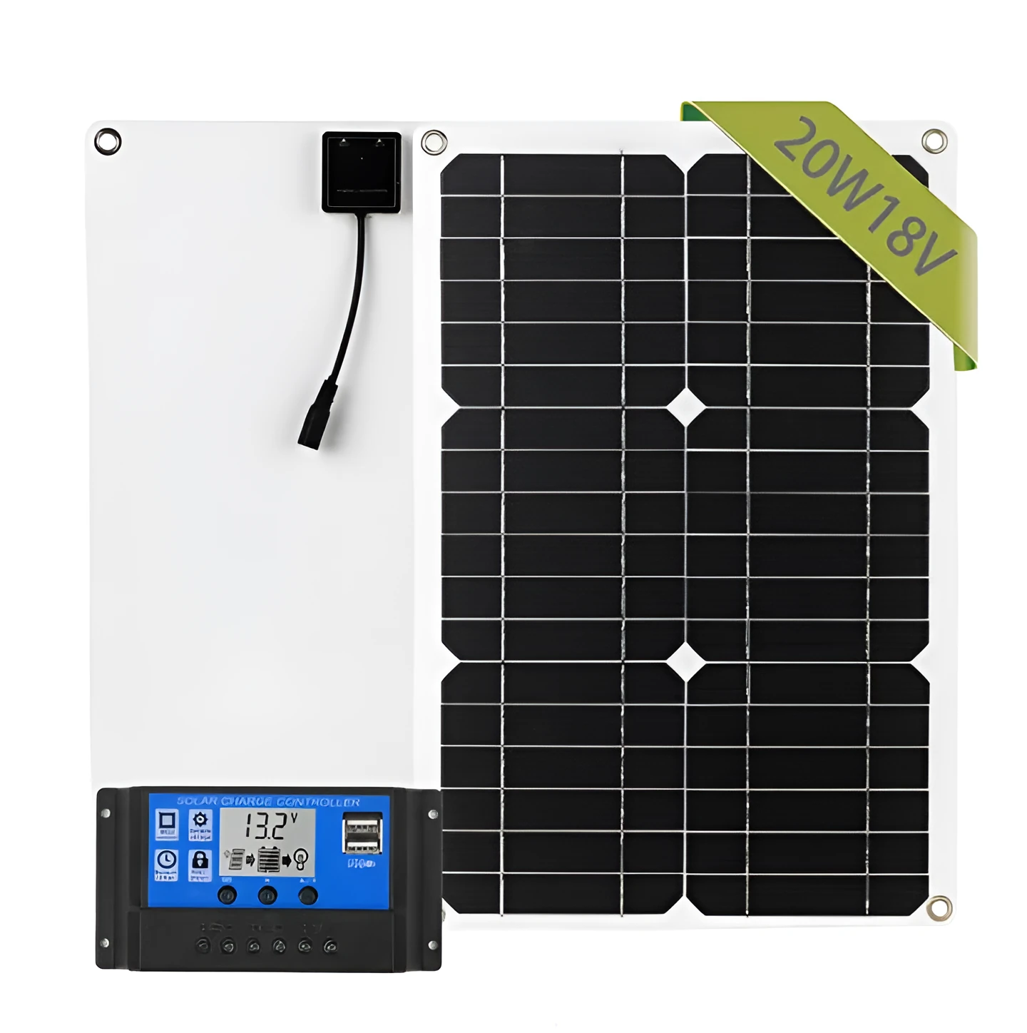 Black and white 180W monocrystalline solar panel with PET surface and ABS controller on a flat surface
