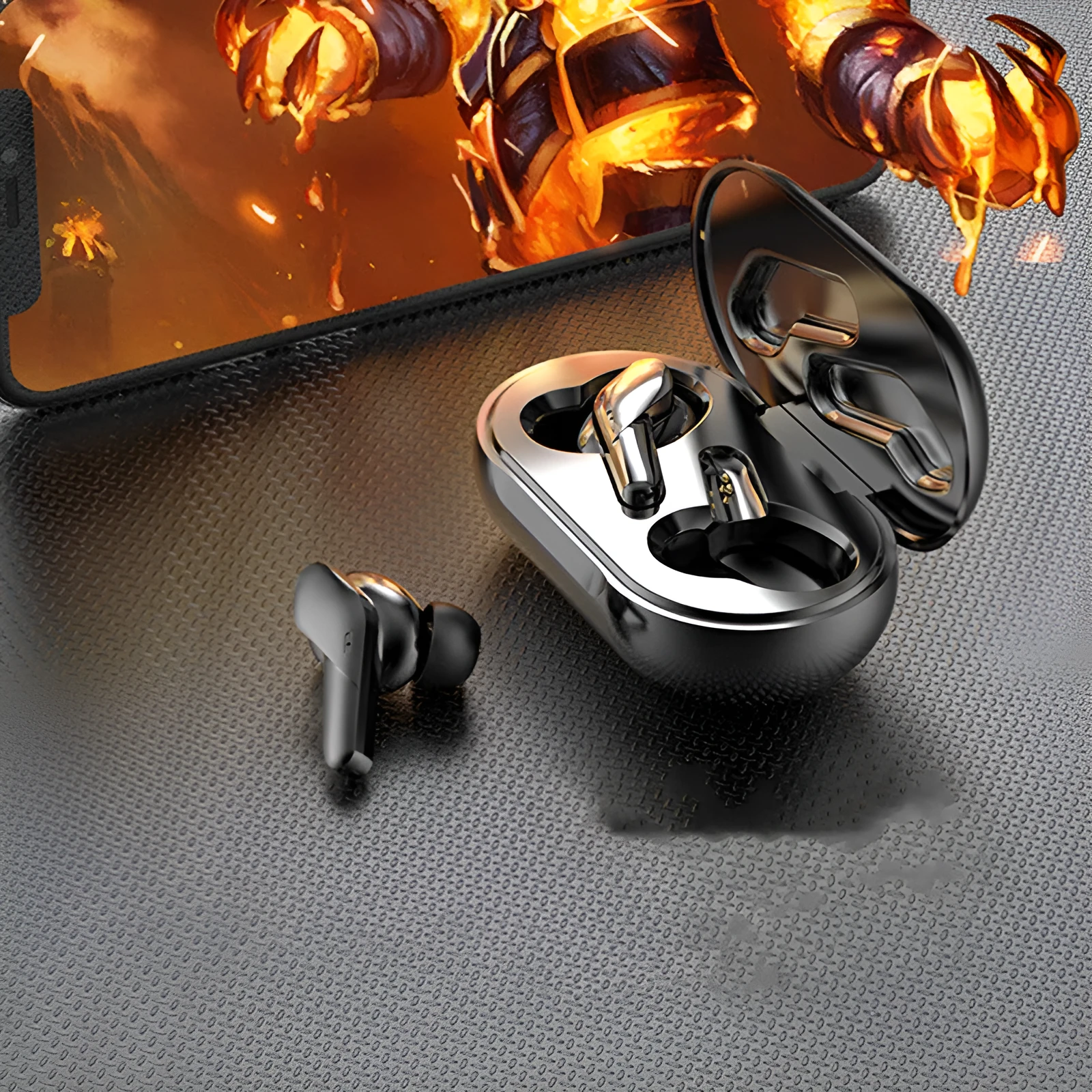 Binaural Bluetooth V5.0 in-ear headphones in black with charging compartment and food-grade silicone ear caps