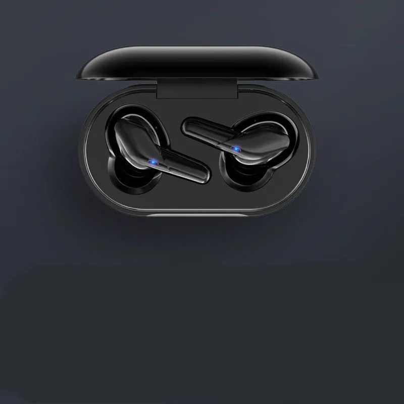 Binaural Bluetooth V5.0 in-ear headphones in black with charging compartment and food-grade silicone ear caps