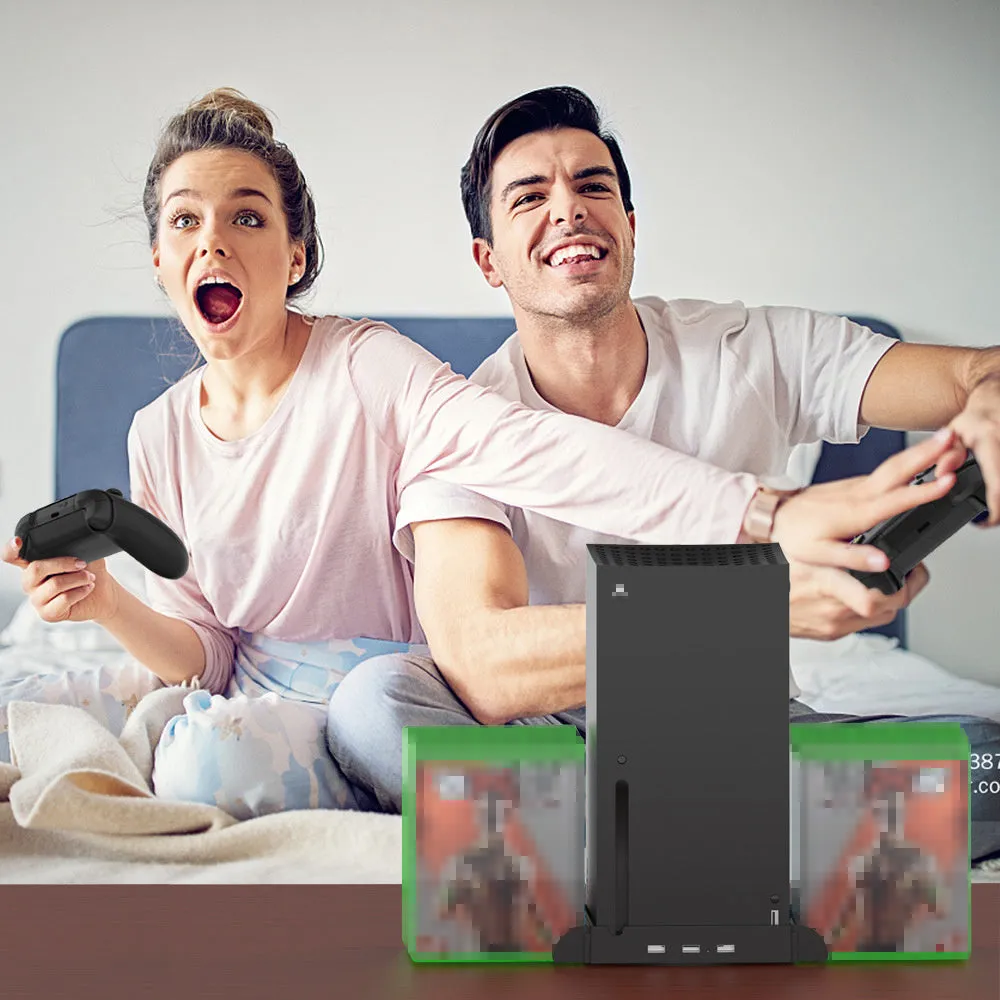 Black ABS multi-function cooling base and storage rack for Xbox Series X, 16x4x24.2cm