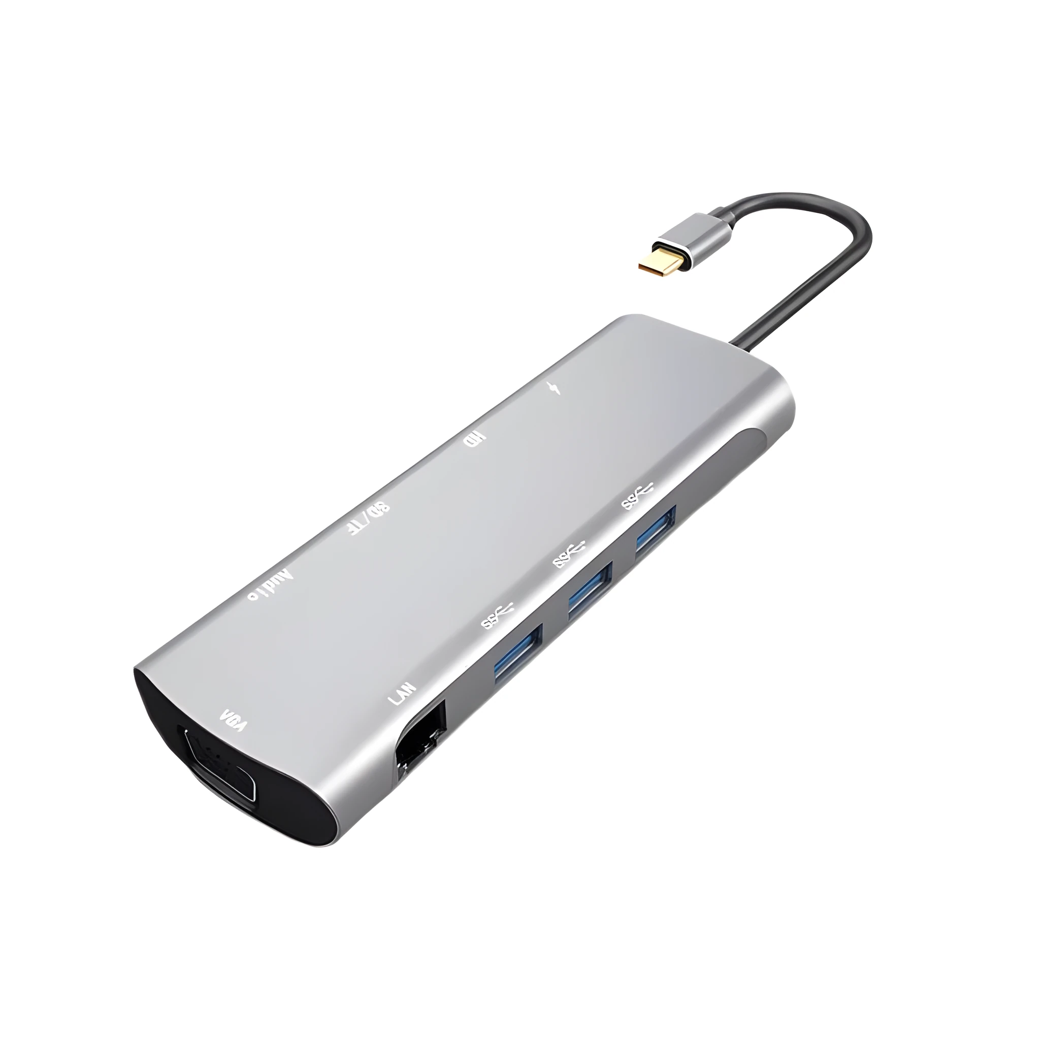 Grey aluminium USB-C docking station with multiple ports including HDMI, VGA, and USB, showing its 140mm attached cable.