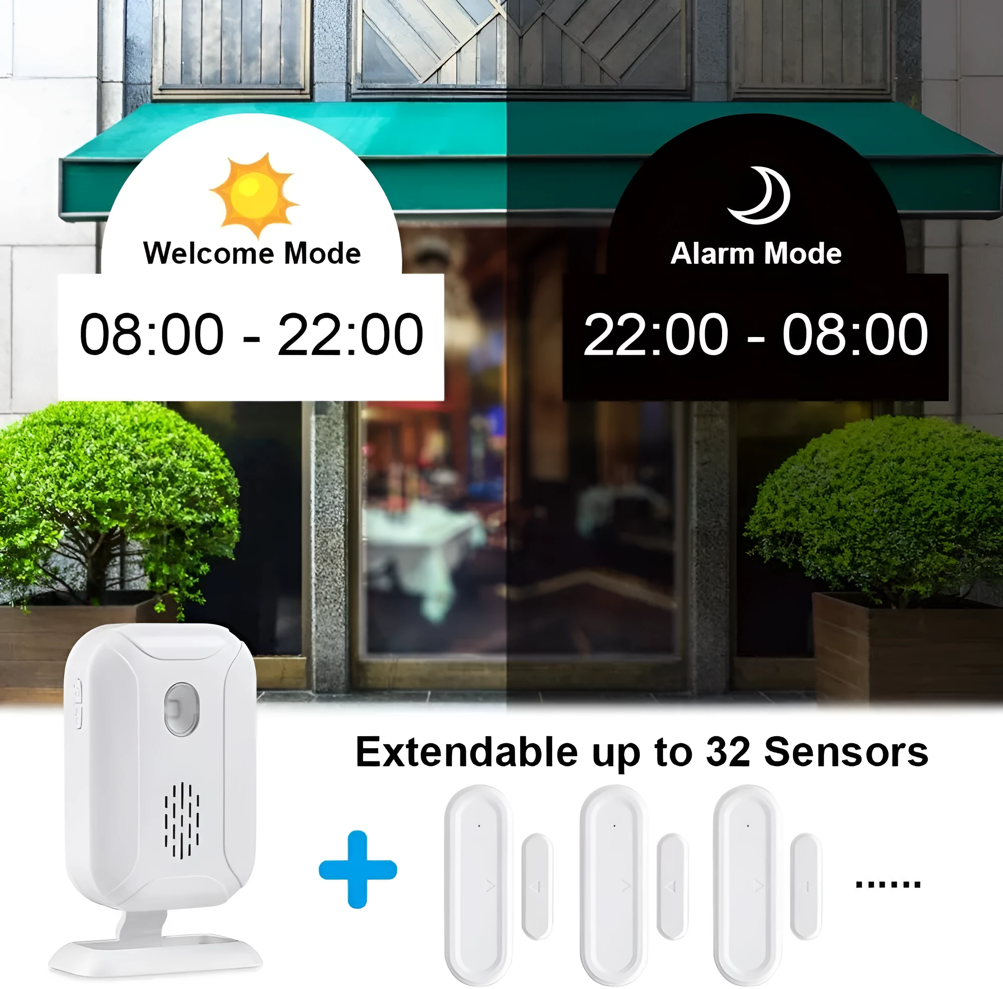 Wireless door sensor chime receiver unit with LED display and sensor, 280m range, 36 chimes, 5 modes for home and business security