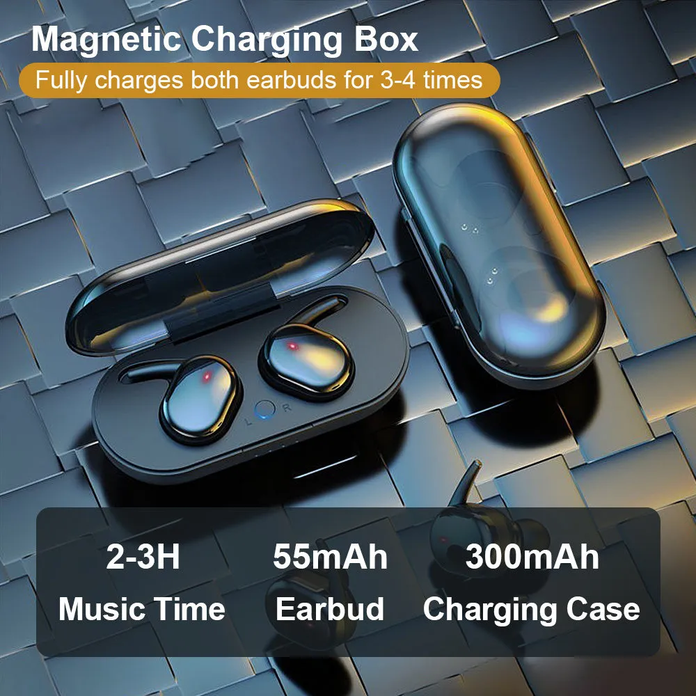 Black Bluetooth 5.0 wireless in-ear earbuds with charging case on white background