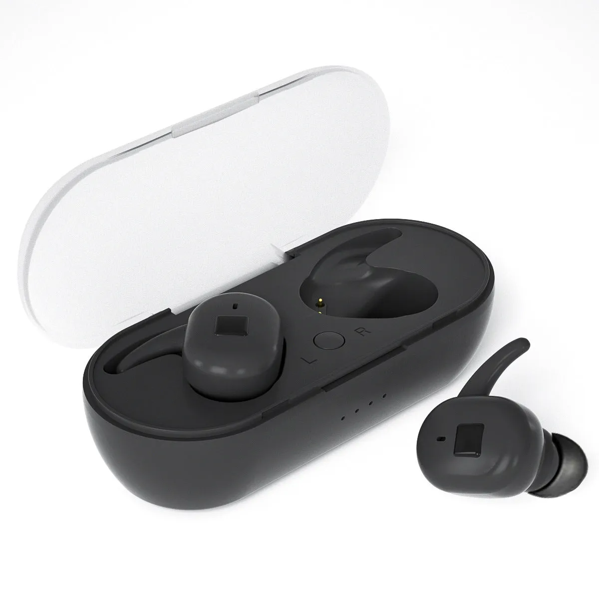 Black Bluetooth 5.0 wireless in-ear earbuds with charging case on white background