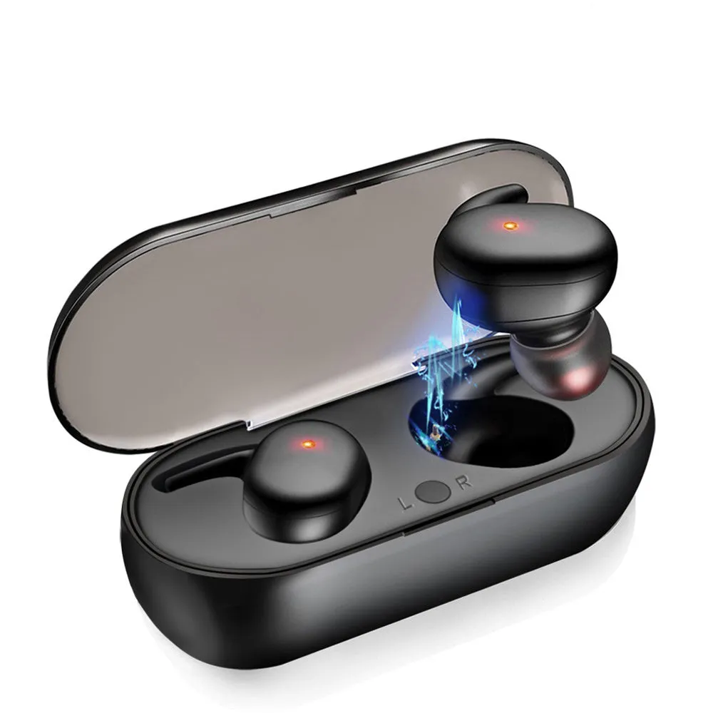 Black Bluetooth 5.0 wireless in-ear earbuds with charging case on white background