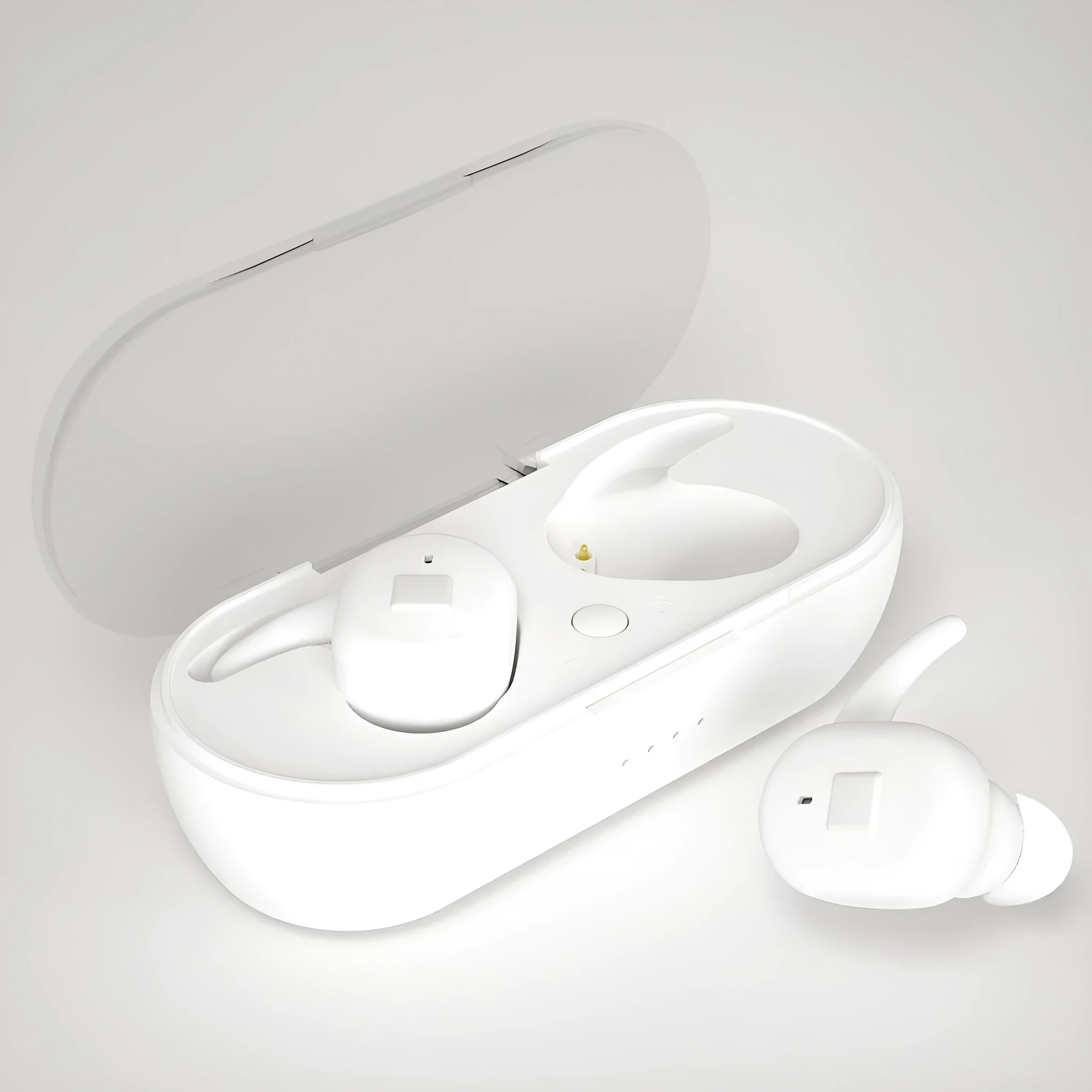 Black Bluetooth 5.0 wireless in-ear earbuds with charging case on white background