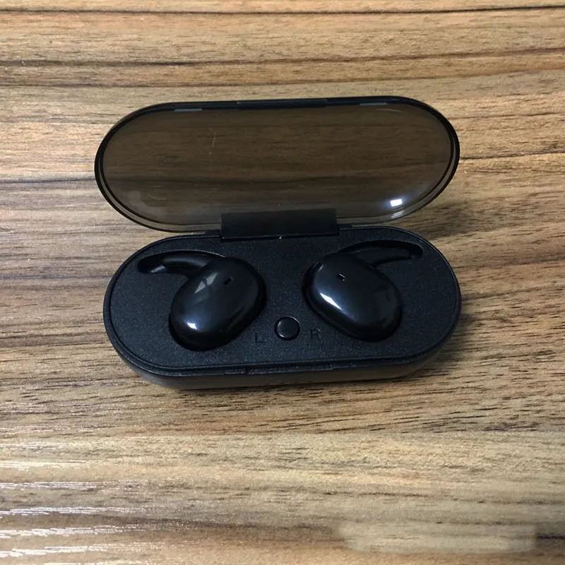 Black Bluetooth 5.0 wireless in-ear earbuds with charging case on white background