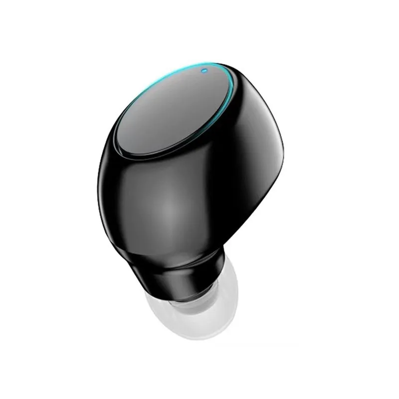 Black Bluetooth 5.0 wireless in-ear earbuds with charging case on white background