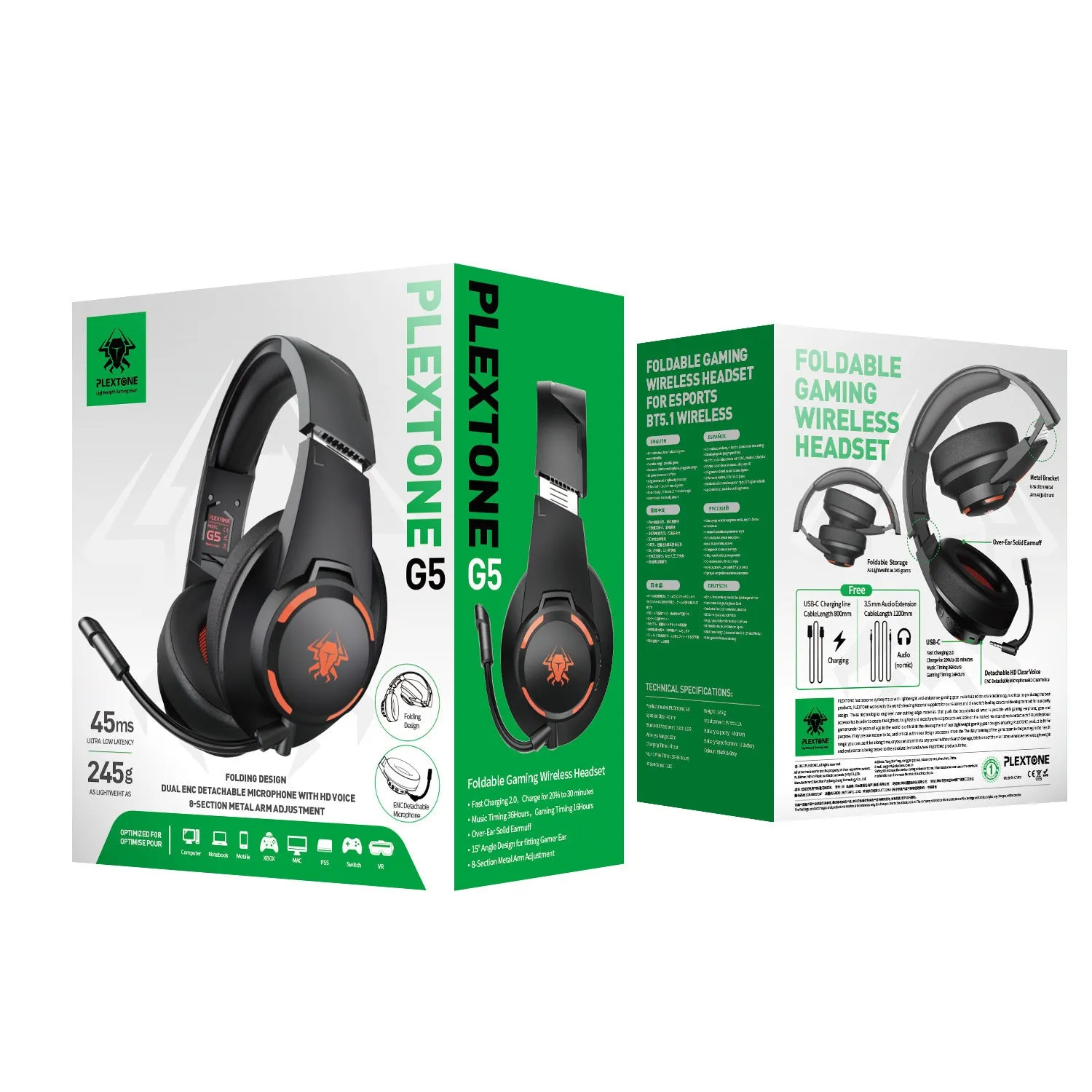 G5 low latency foldable Bluetooth headset in cement grey with detachable microphone and USB-C cable
