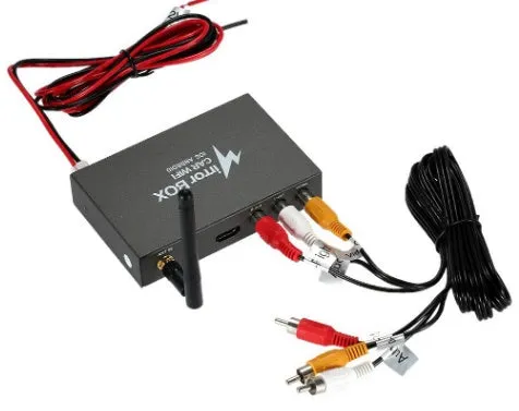 Black car mirror link box Wi-Fi converter with power cable, antenna, and AV cable for smartphone screen mirroring.