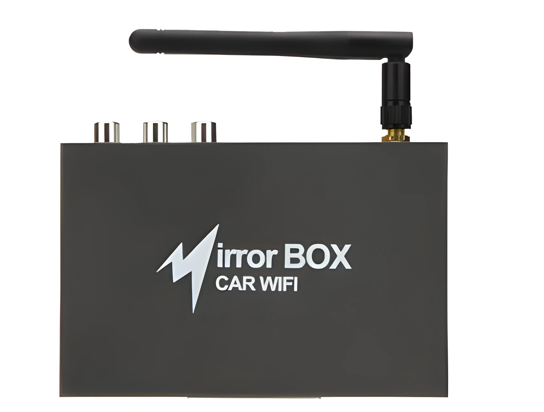 Black car mirror link box Wi-Fi converter with power cable, antenna, and AV cable for smartphone screen mirroring.