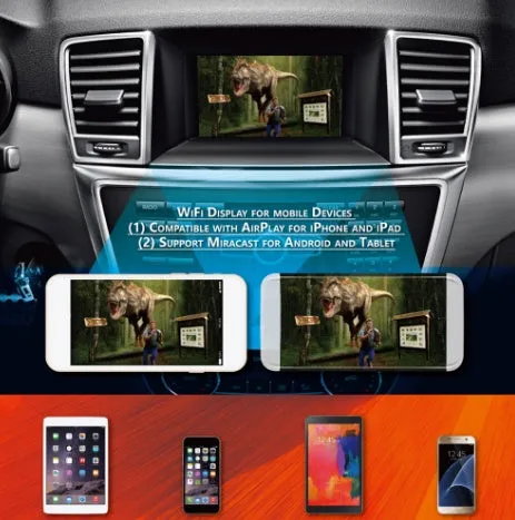 Black car mirror link box Wi-Fi converter with power cable, antenna, and AV cable for smartphone screen mirroring.