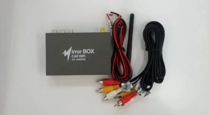 Black car mirror link box Wi-Fi converter with power cable, antenna, and AV cable for smartphone screen mirroring.