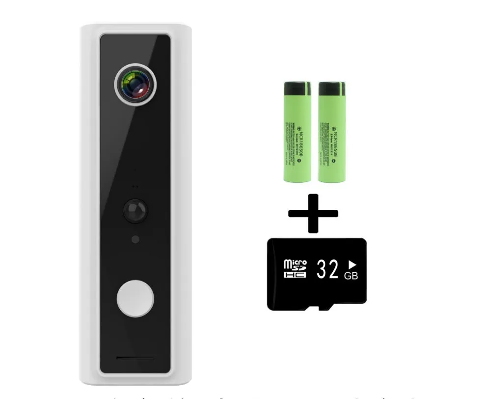 Smart WiFi video doorbell camera with wide-angle lens and night vision, white casing, on a door frame