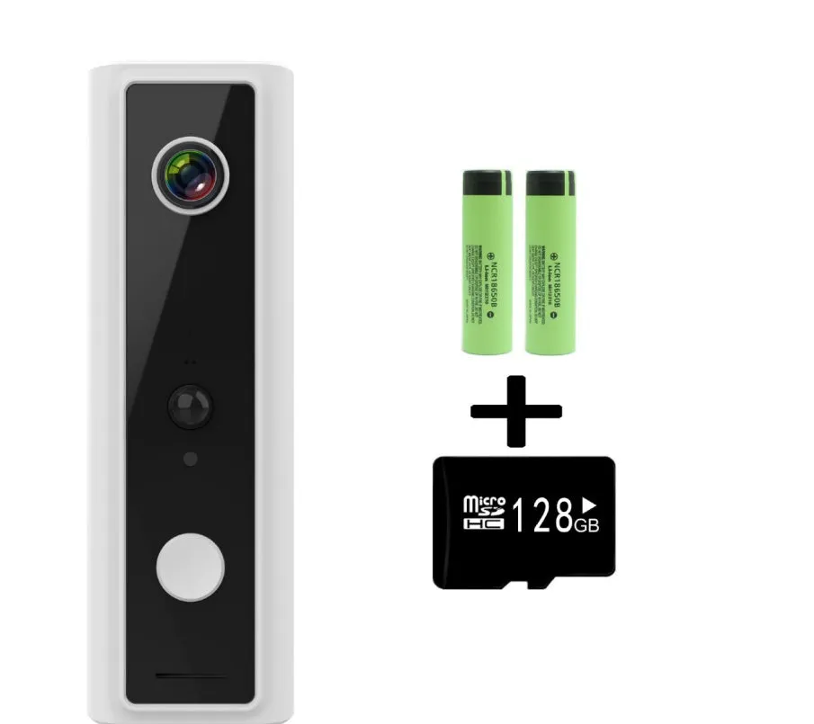Smart WiFi video doorbell camera with wide-angle lens and night vision, white casing, on a door frame