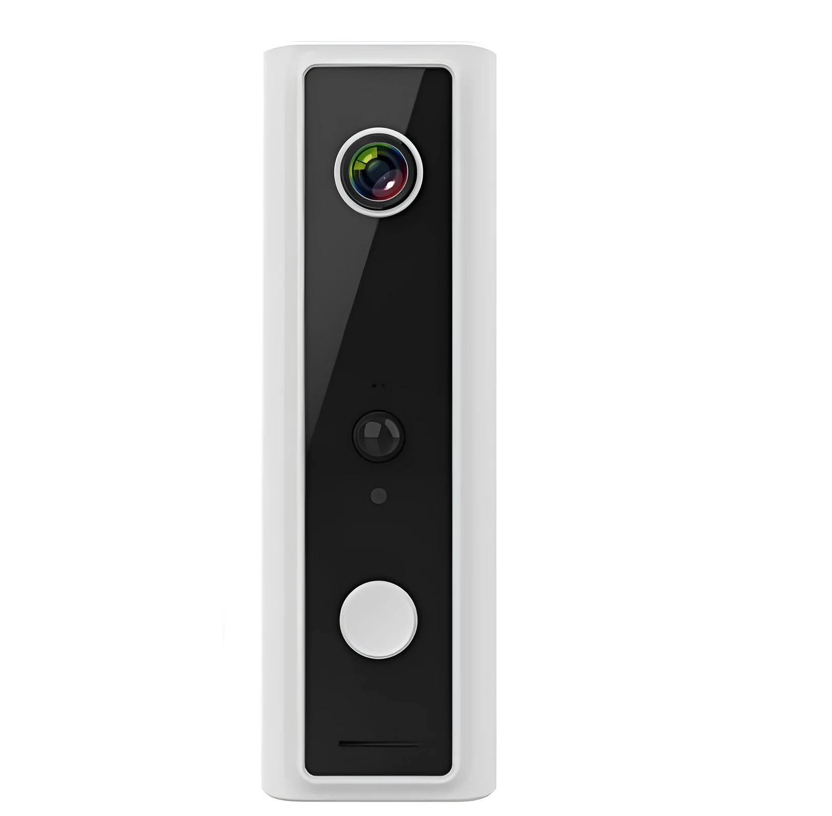 Smart WiFi video doorbell camera with wide-angle lens and night vision, white casing, on a door frame