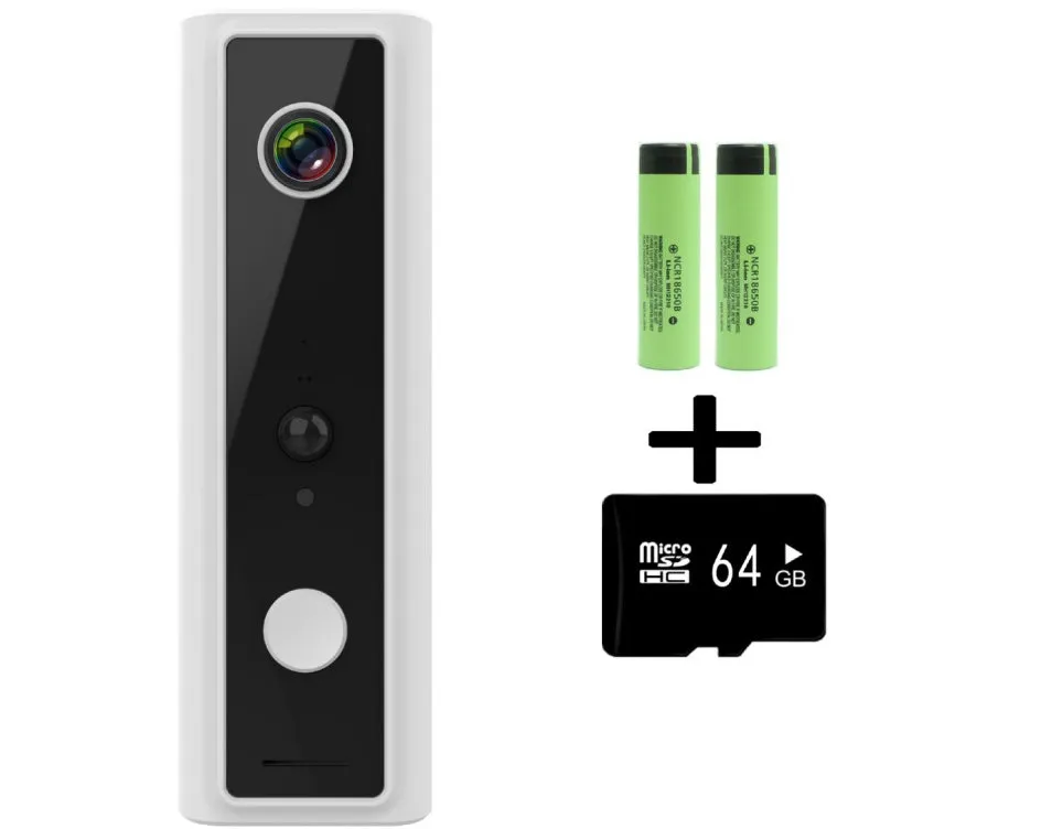 Smart WiFi video doorbell camera with wide-angle lens and night vision, white casing, on a door frame