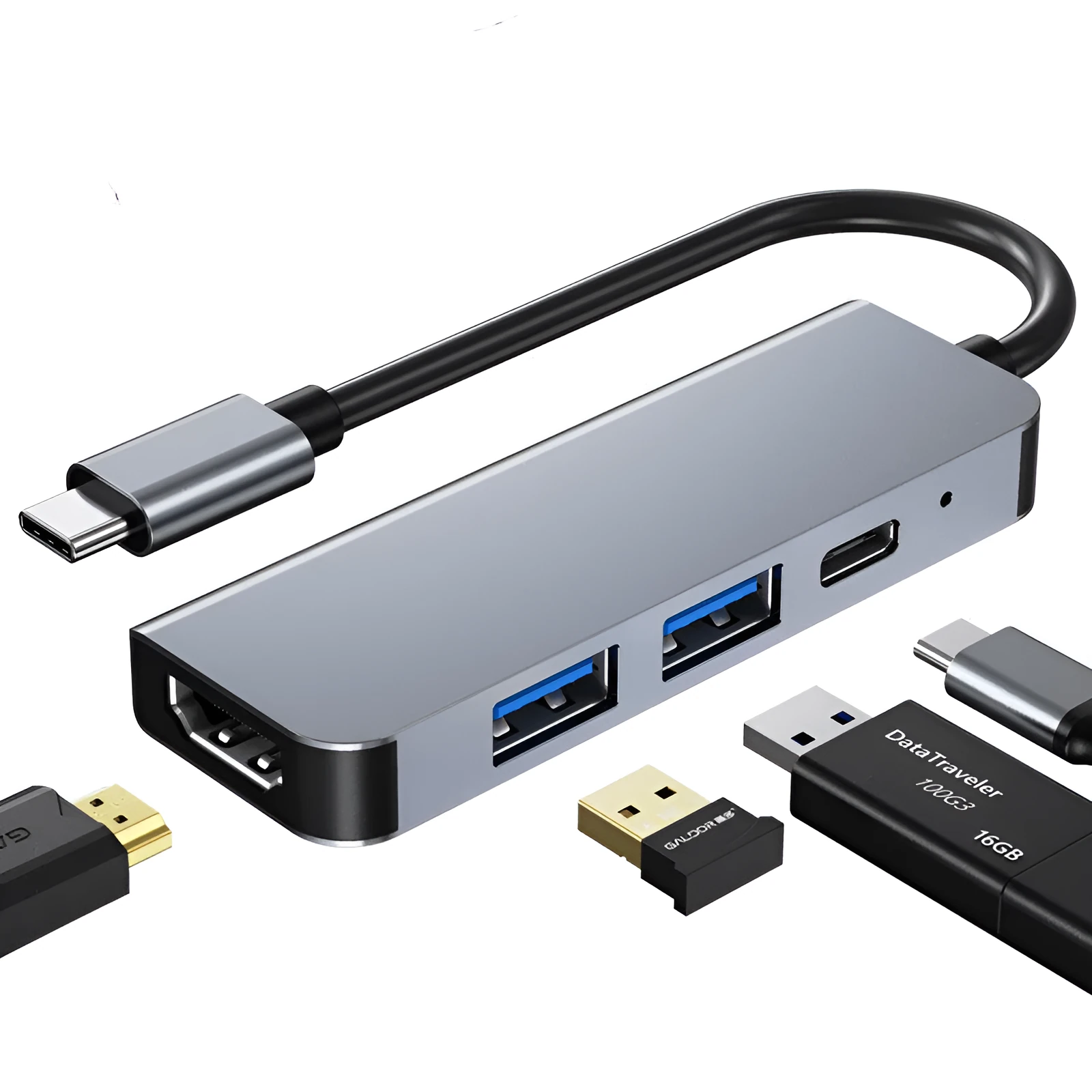 Compact aluminium four-in-one USB C hub with 4K HDMI, PD charging, USB, SD and TF card slots