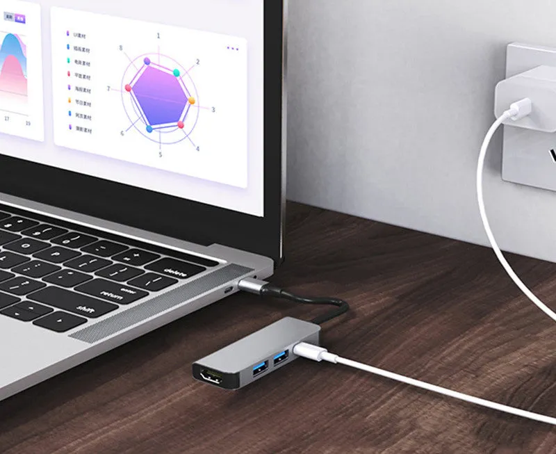 Compact aluminium four-in-one USB C hub with 4K HDMI, PD charging, USB, SD and TF card slots