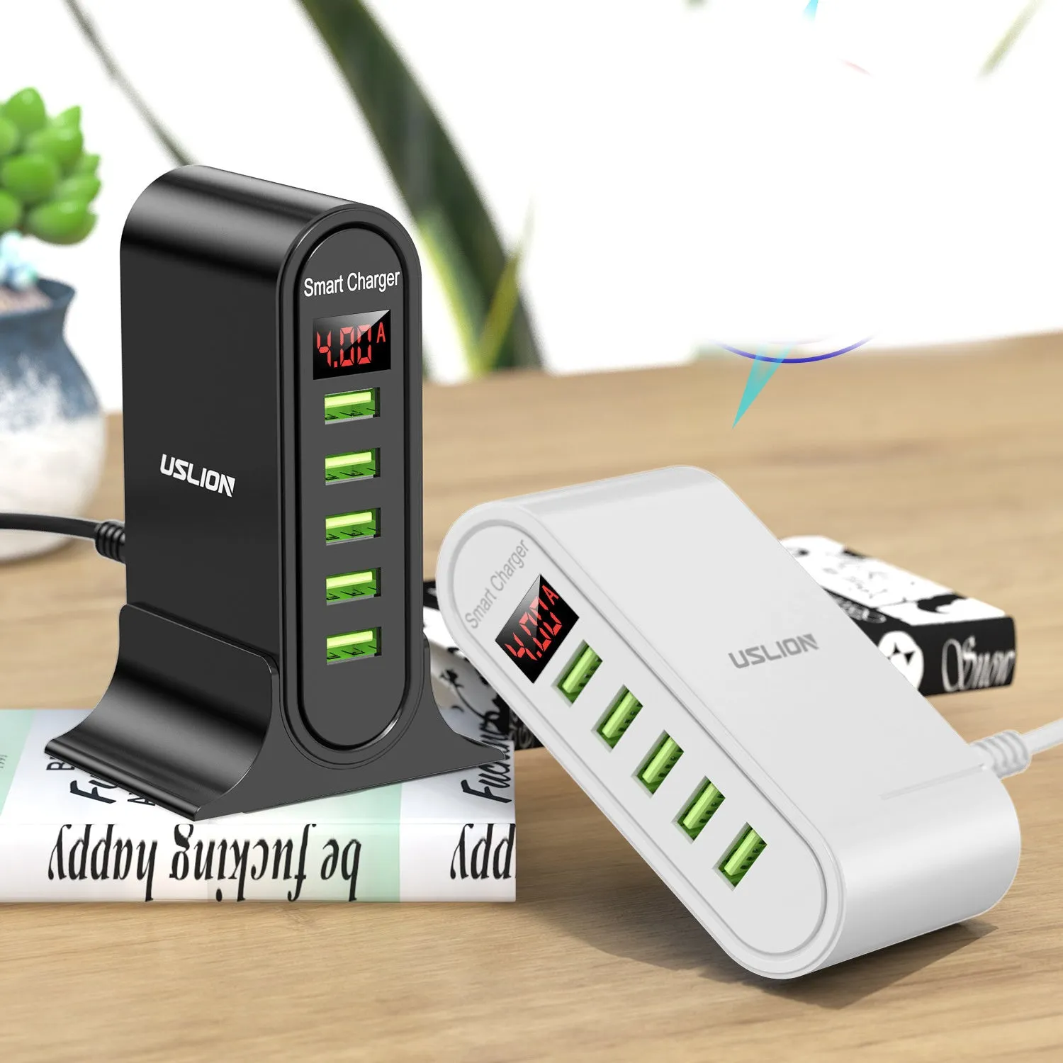 Smart LED digital display USB wall charger with selectable EU, UK, or US plug styles in black and white.