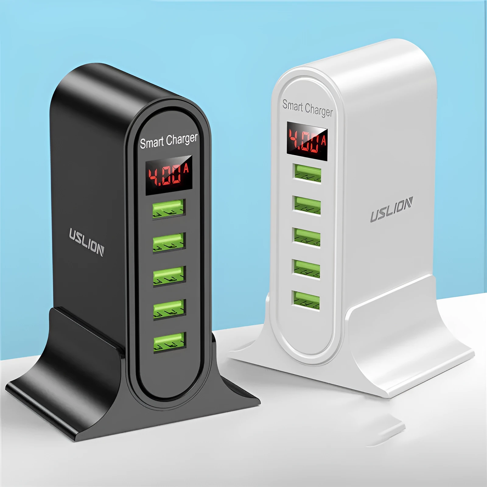 Smart LED digital display USB wall charger with selectable EU, UK, or US plug styles in black and white.