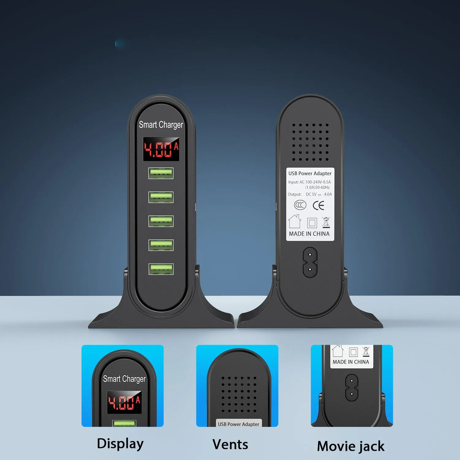 Smart LED digital display USB wall charger with selectable EU, UK, or US plug styles in black and white.