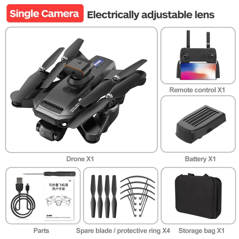 Quadcopter drone with 8K electric modulation lens and obstacle avoidance in black or orange colour