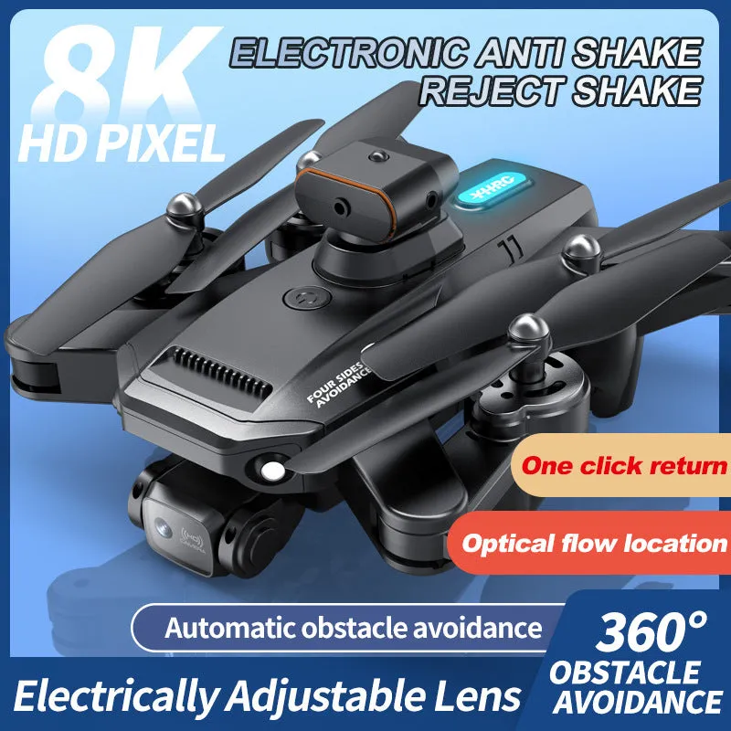 Quadcopter drone with 8K electric modulation lens and obstacle avoidance in black or orange colour
