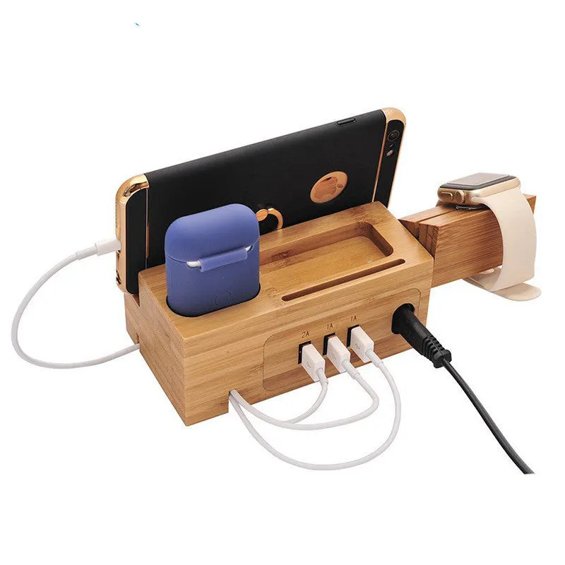 Natural bamboo multifunctional charging dock with Apple Watch cutout and AirPods hole