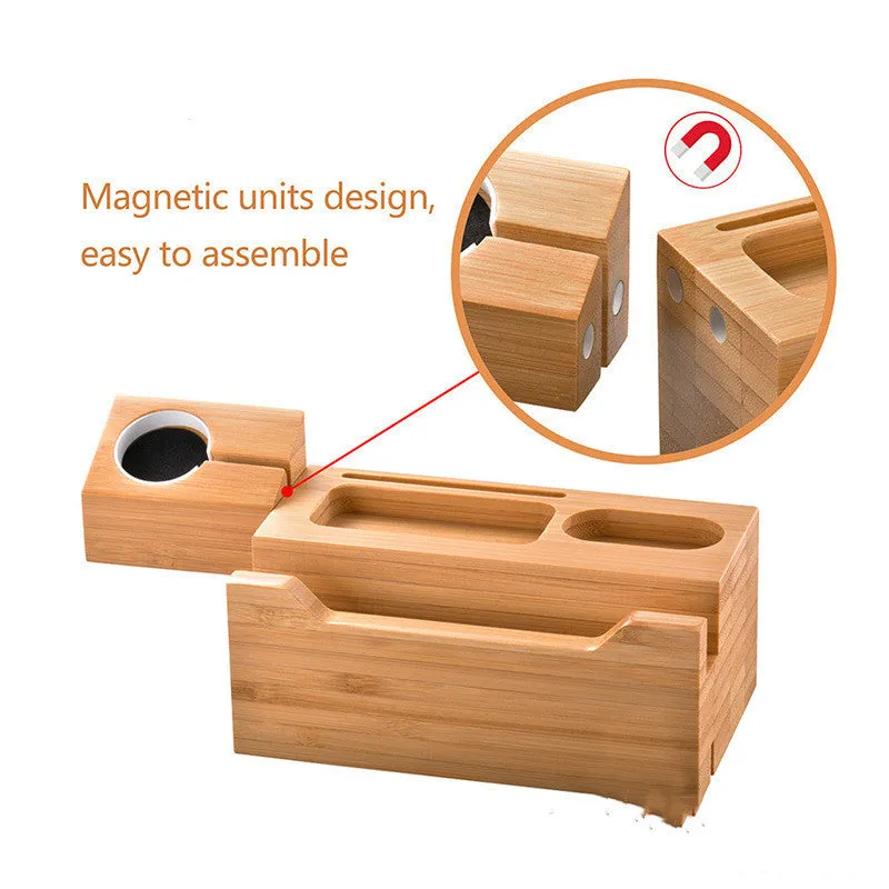 Natural bamboo multifunctional charging dock with Apple Watch cutout and AirPods hole