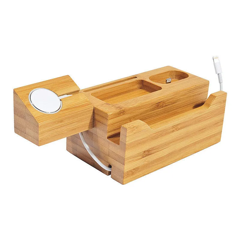 Natural bamboo multifunctional charging dock with Apple Watch cutout and AirPods hole