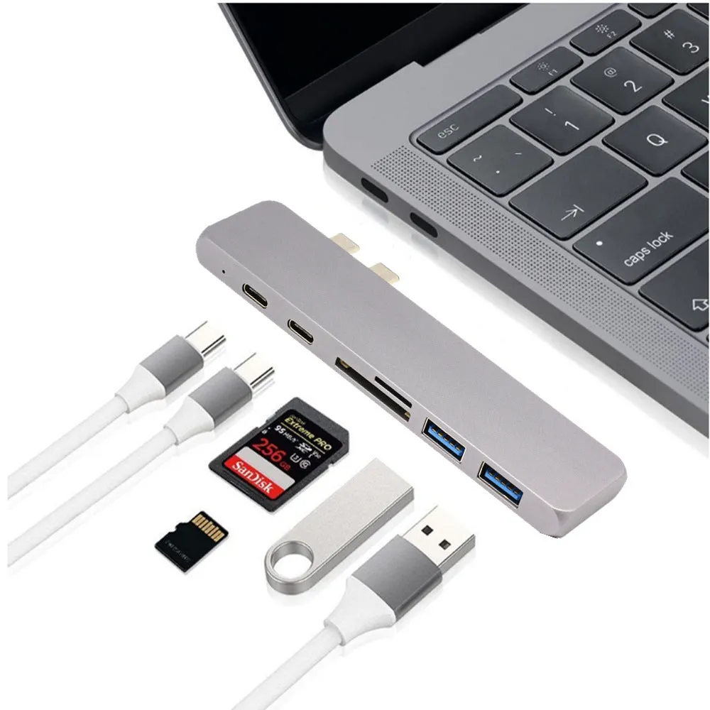 Dual Type-C seven-in-one hub in aluminium-magnesium alloy with HDMI and USB ports, 12.7cm long
