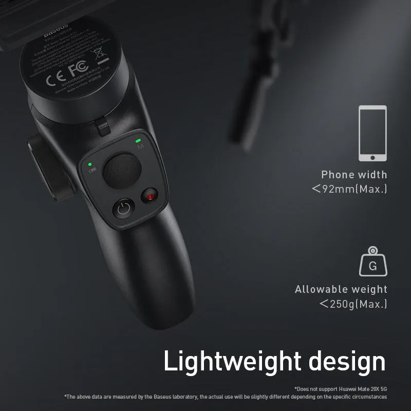 Black handheld three-axis stabiliser for mobile phones with ABS+PC frame and clamp open for a smartphone