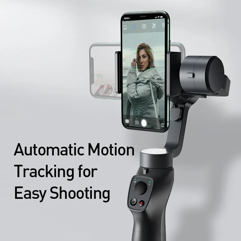 Black handheld three-axis stabiliser for mobile phones with ABS+PC frame and clamp open for a smartphone