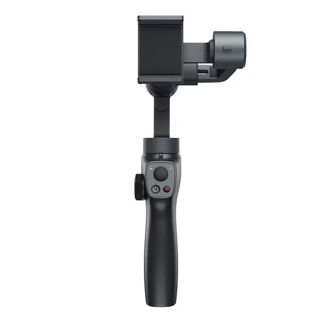 Black handheld three-axis stabiliser for mobile phones with ABS+PC frame and clamp open for a smartphone