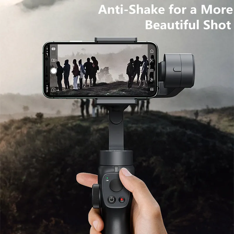 Black handheld three-axis stabiliser for mobile phones with ABS+PC frame and clamp open for a smartphone
