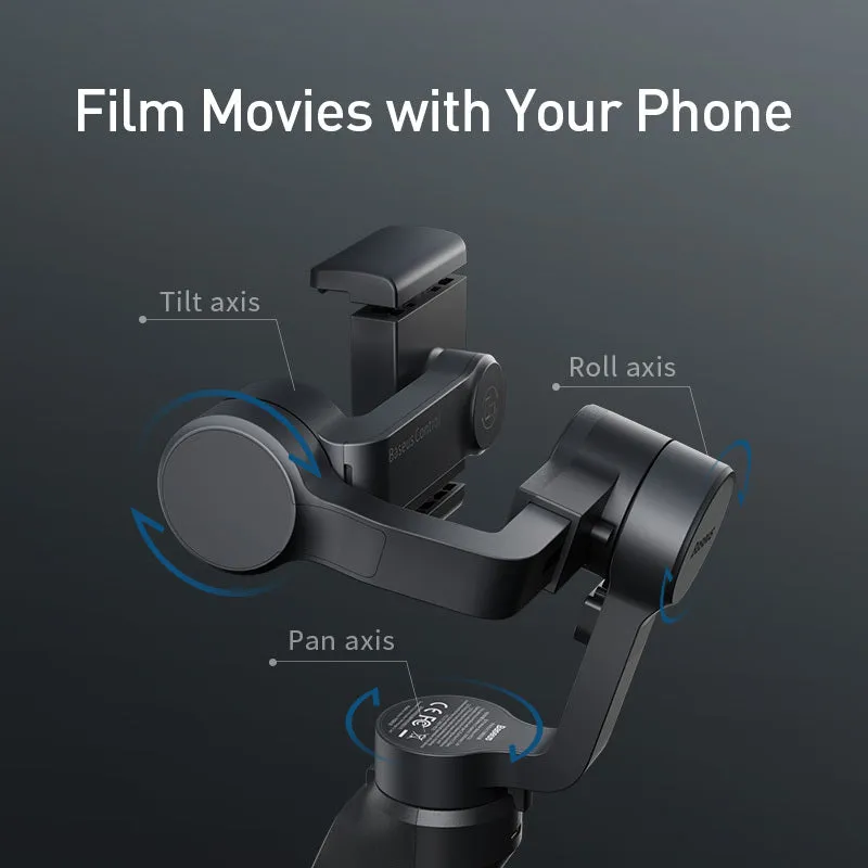 Black handheld three-axis stabiliser for mobile phones with ABS+PC frame and clamp open for a smartphone