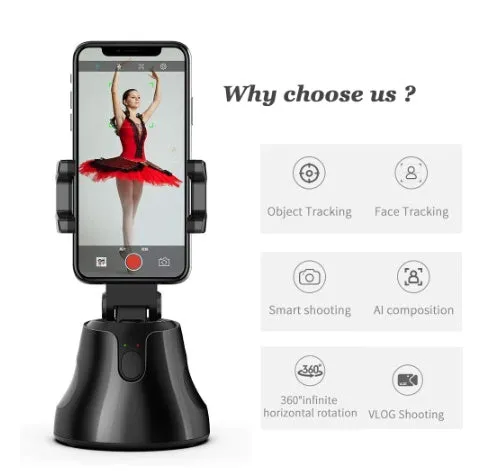 Black smartphone automatic shooting selfie stick with 360° face tracking on three-foot bracket showing phone holder and rotation mechanism