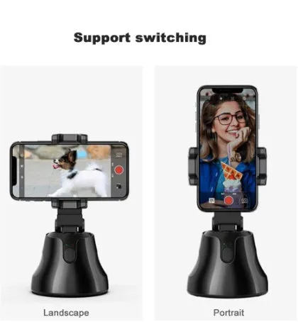 Black smartphone automatic shooting selfie stick with 360° face tracking on three-foot bracket showing phone holder and rotation mechanism