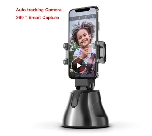 Black smartphone automatic shooting selfie stick with 360° face tracking on three-foot bracket showing phone holder and rotation mechanism