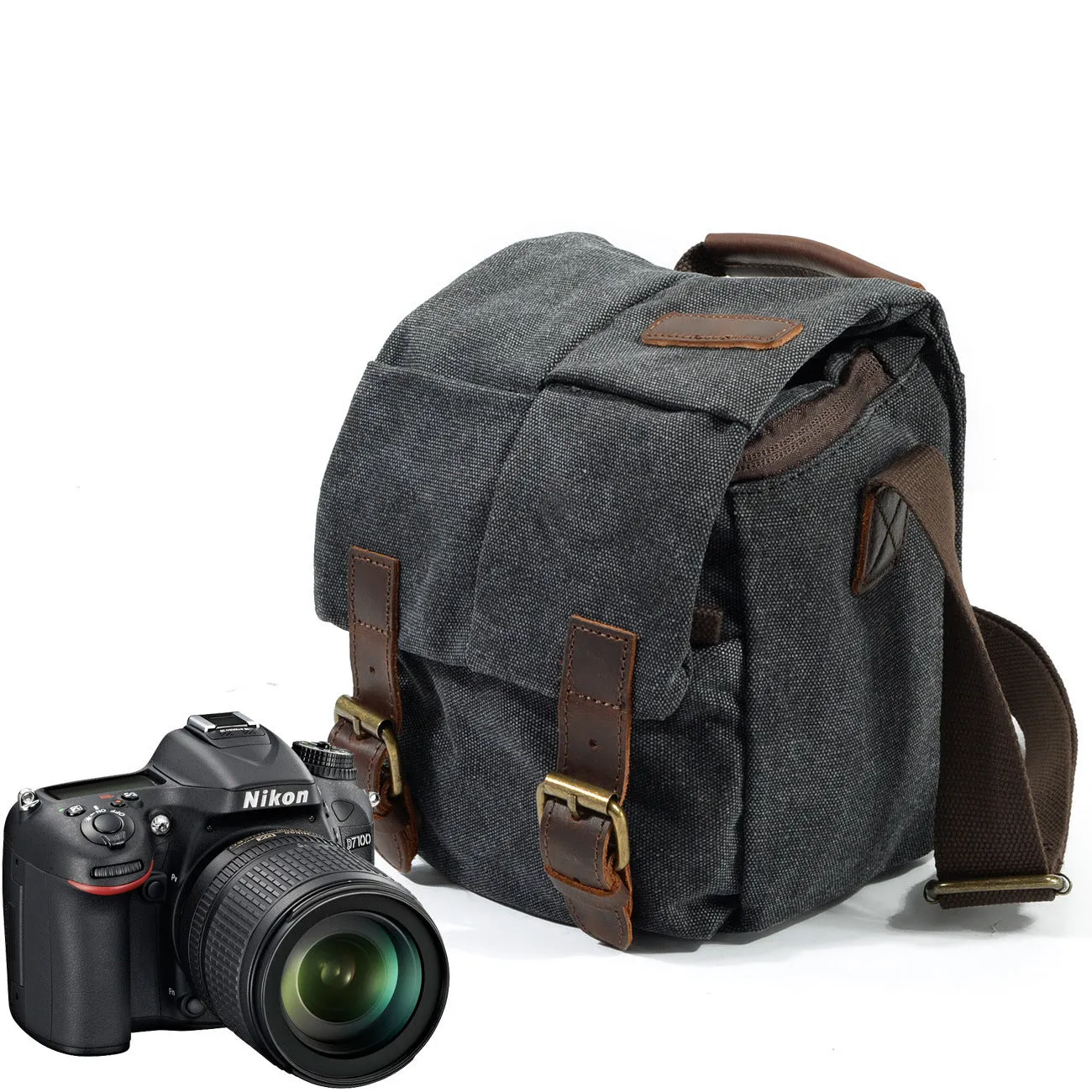 One-shoulder retro canvas waterproof camera bag for Canon SLR in dark grey