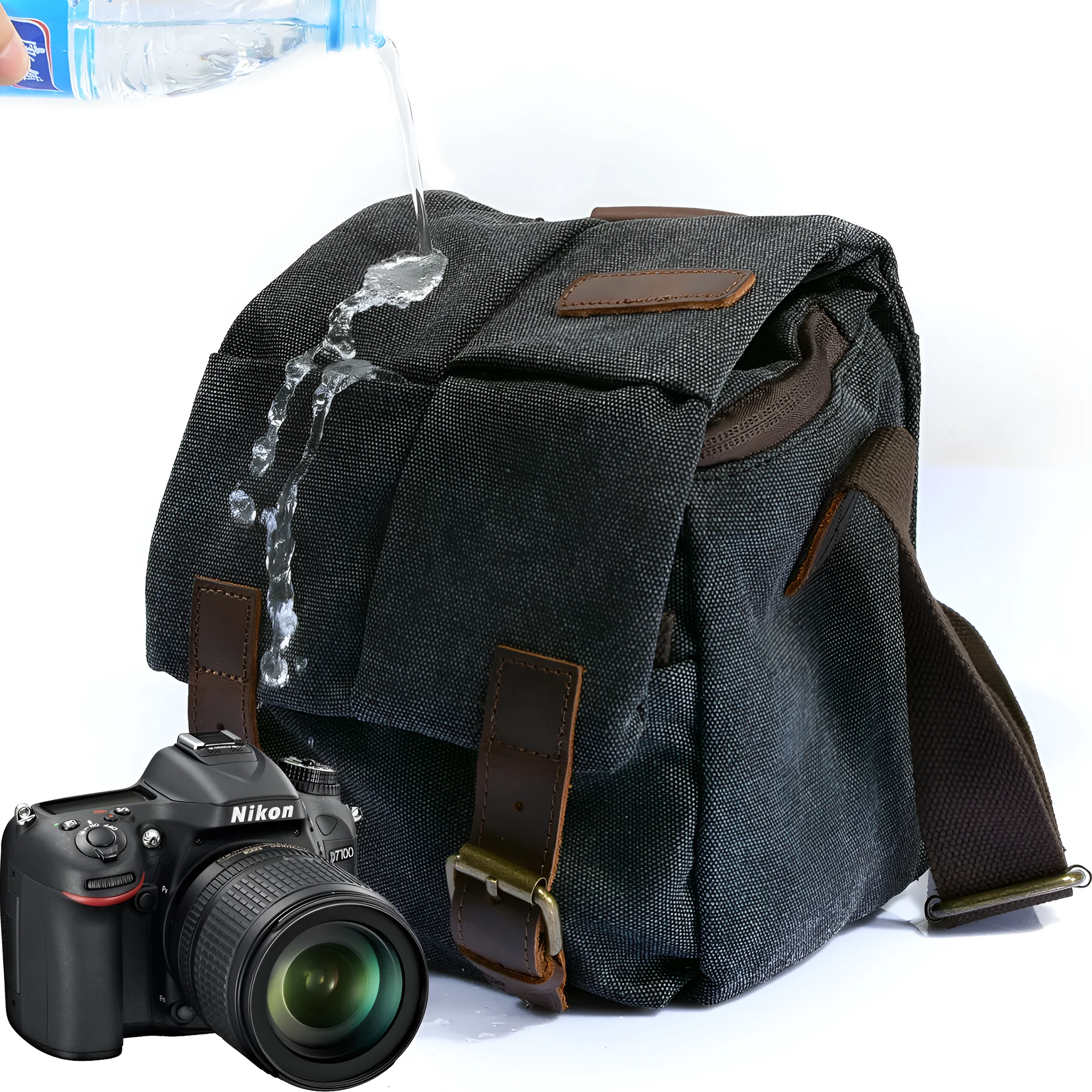 One-shoulder retro canvas waterproof camera bag for Canon SLR in dark grey