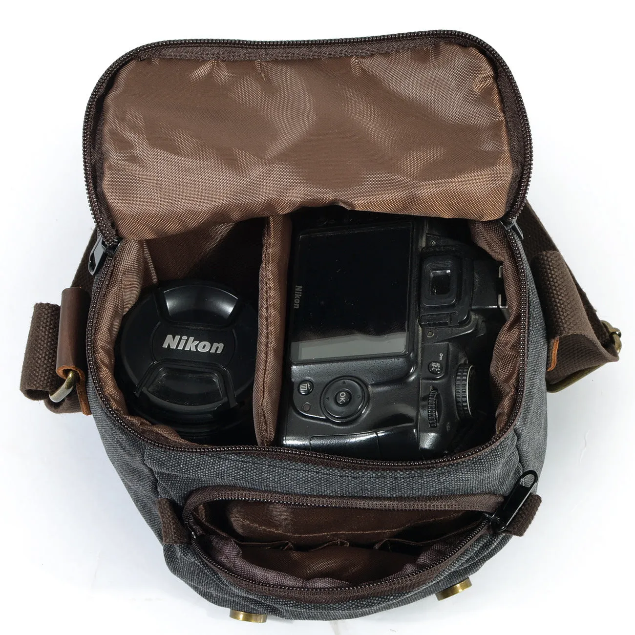 One-shoulder retro canvas waterproof camera bag for Canon SLR in dark grey