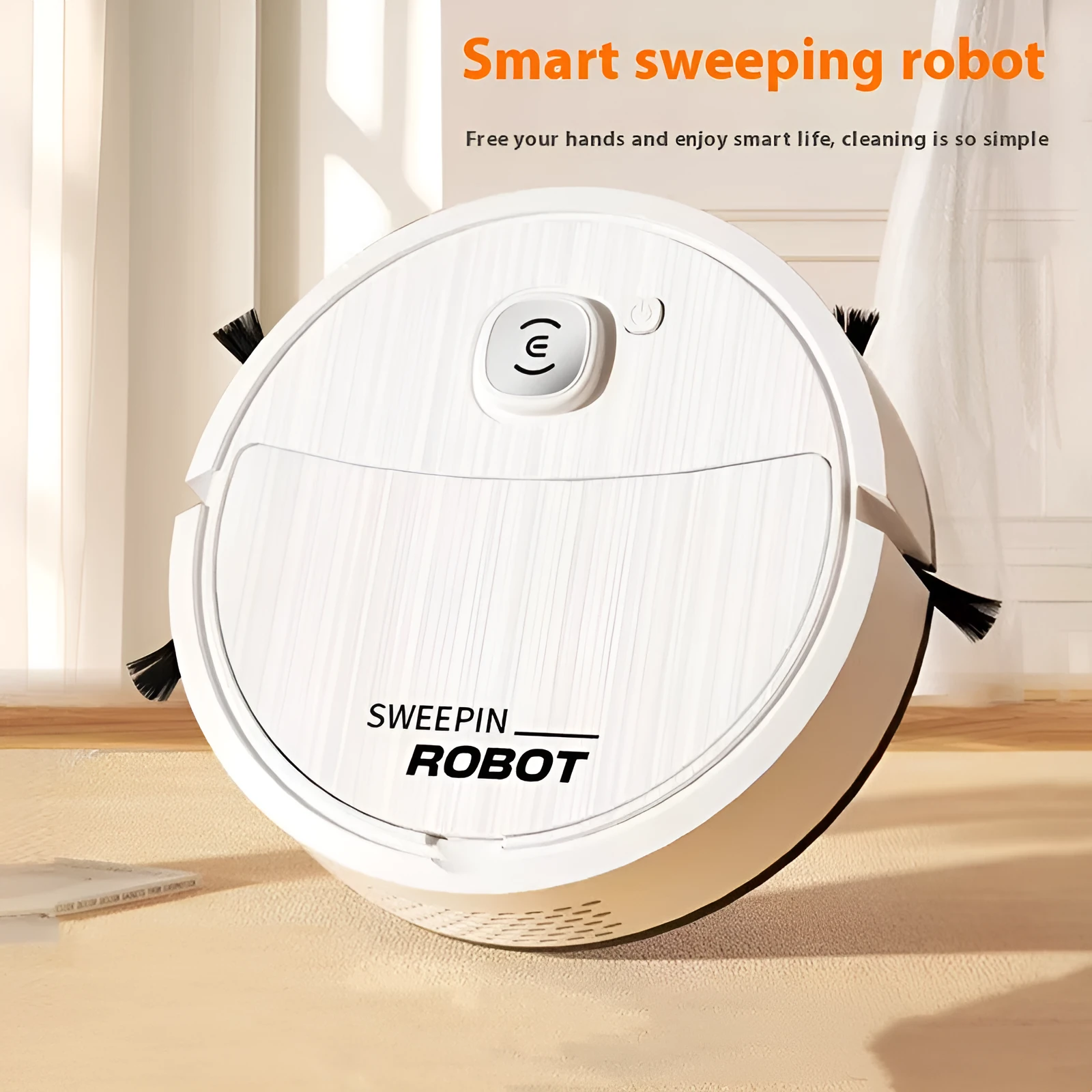 Mini sweeping robot vacuum in white with edge brush and fibre mop on hard floor