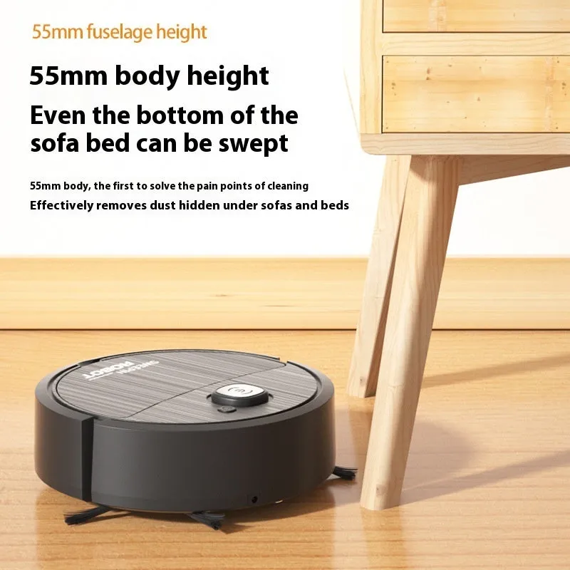 Mini sweeping robot vacuum in white with edge brush and fibre mop on hard floor