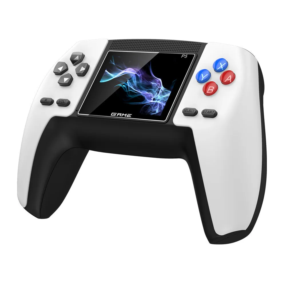 Double handle retro TV game console in blue with AV and USB cables on a white background