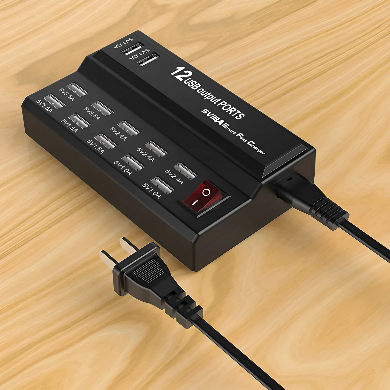 12 port USB fast charger YCYD-A19 with ABS PC fireproof housing, 13.5 x 8.5 x 3.5 cm, white, showing front panel with USB ports