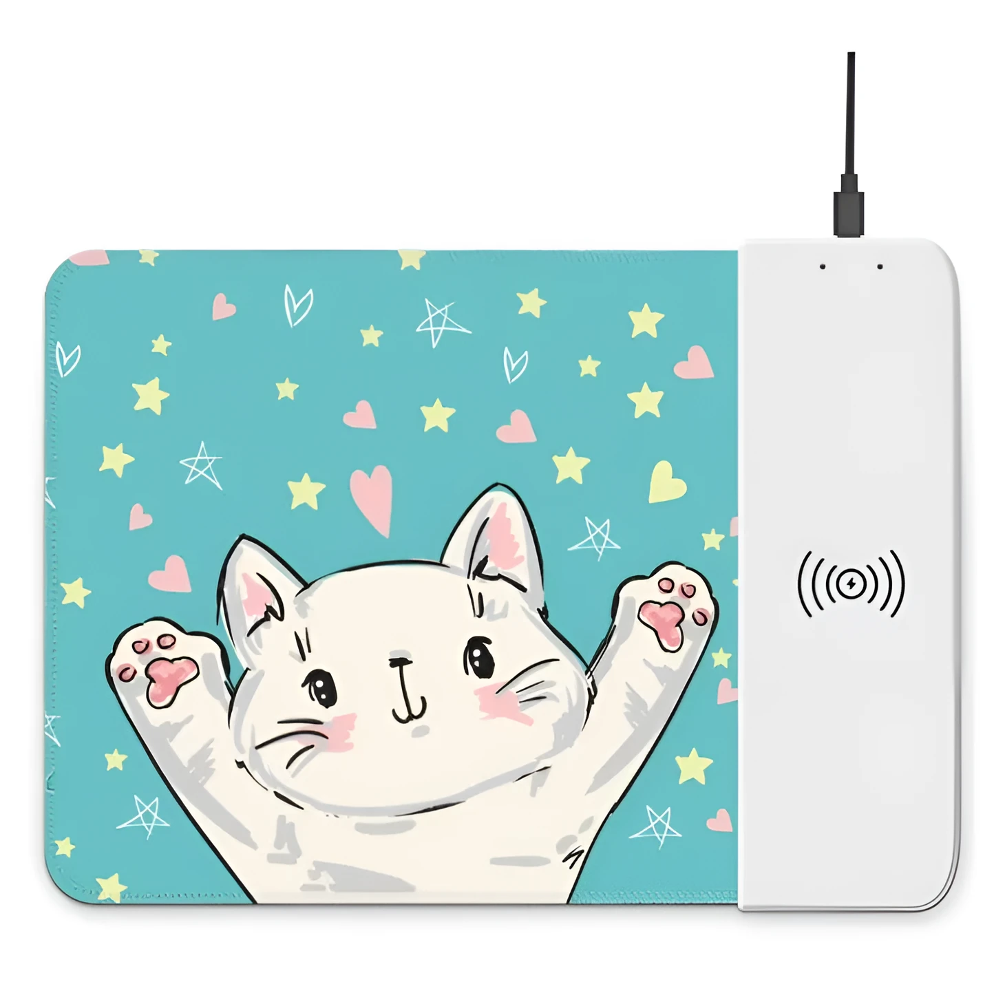 Black wireless charging mouse pad with RGB lighting edge and a cartoon design, shown on a desk.