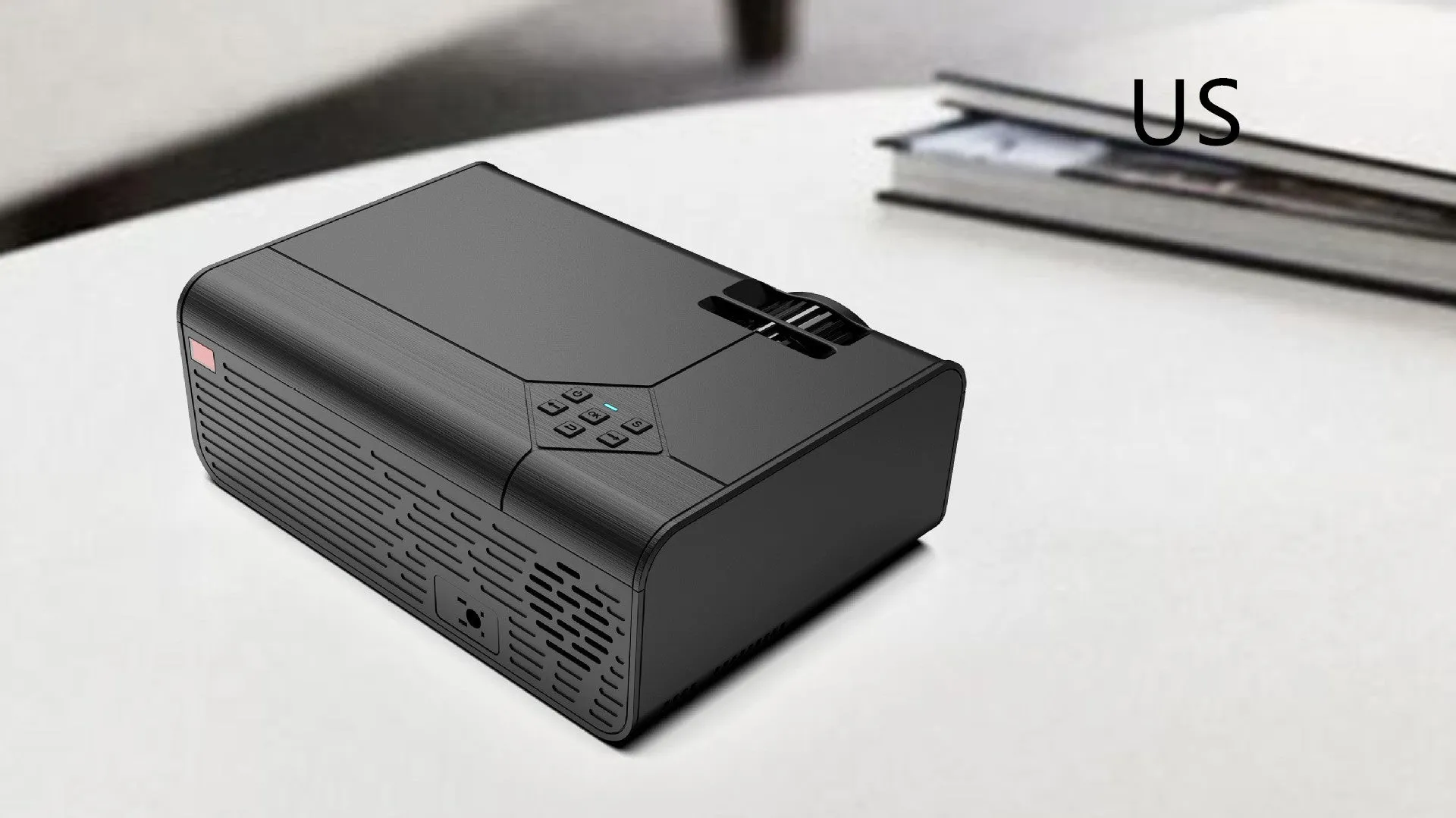 Pearl white Android smart HD micro projector on desk with projected screen 220-124cm